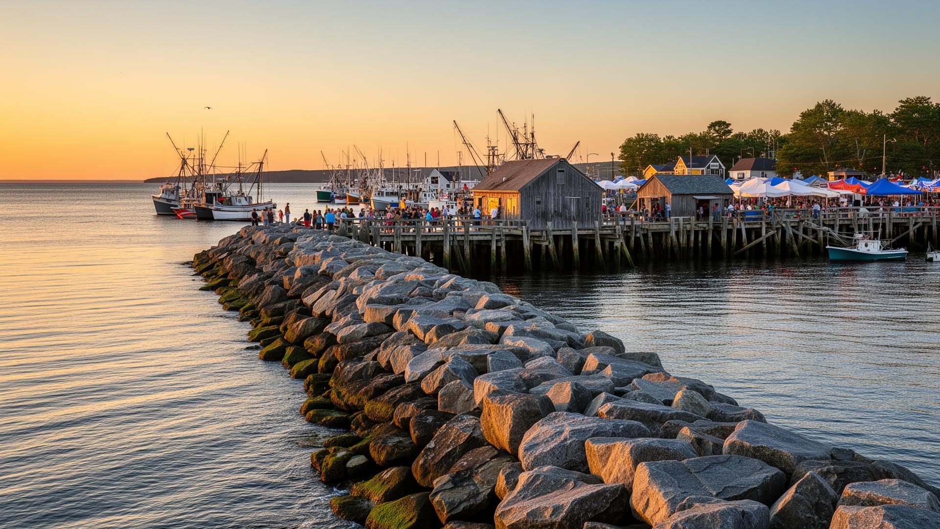Camp Ellis harbor and granite jetty in Saco, Maine at sunset with fishing boats and festival tents