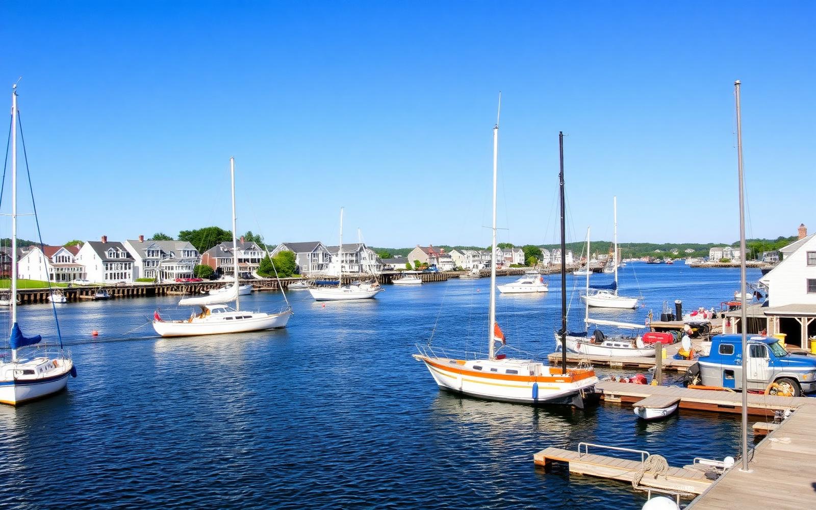 Sailboats and lobster boats moored in Kennebunkport harbor on the Kennebunk River with white sea captain houses along the shore