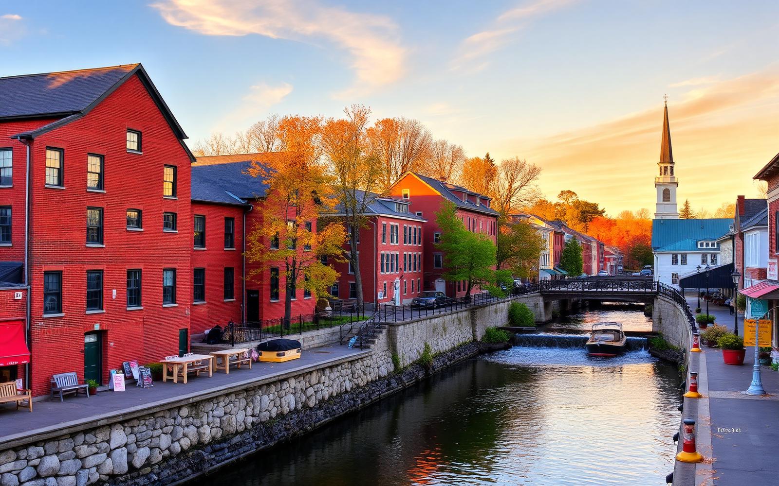 Historic red brick mill buildings along the Mousam River in downtown Sanford, Maine at golden hour with a church steeple in the distance