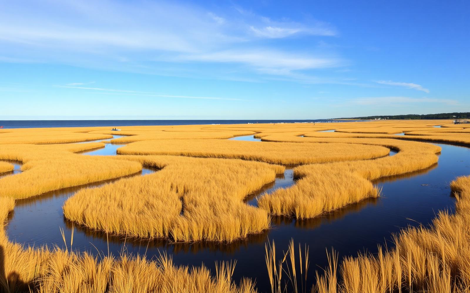 Scarborough Marsh in Maine at summer afternoon with golden grass, winding tidal creeks and the Atlantic in the distance