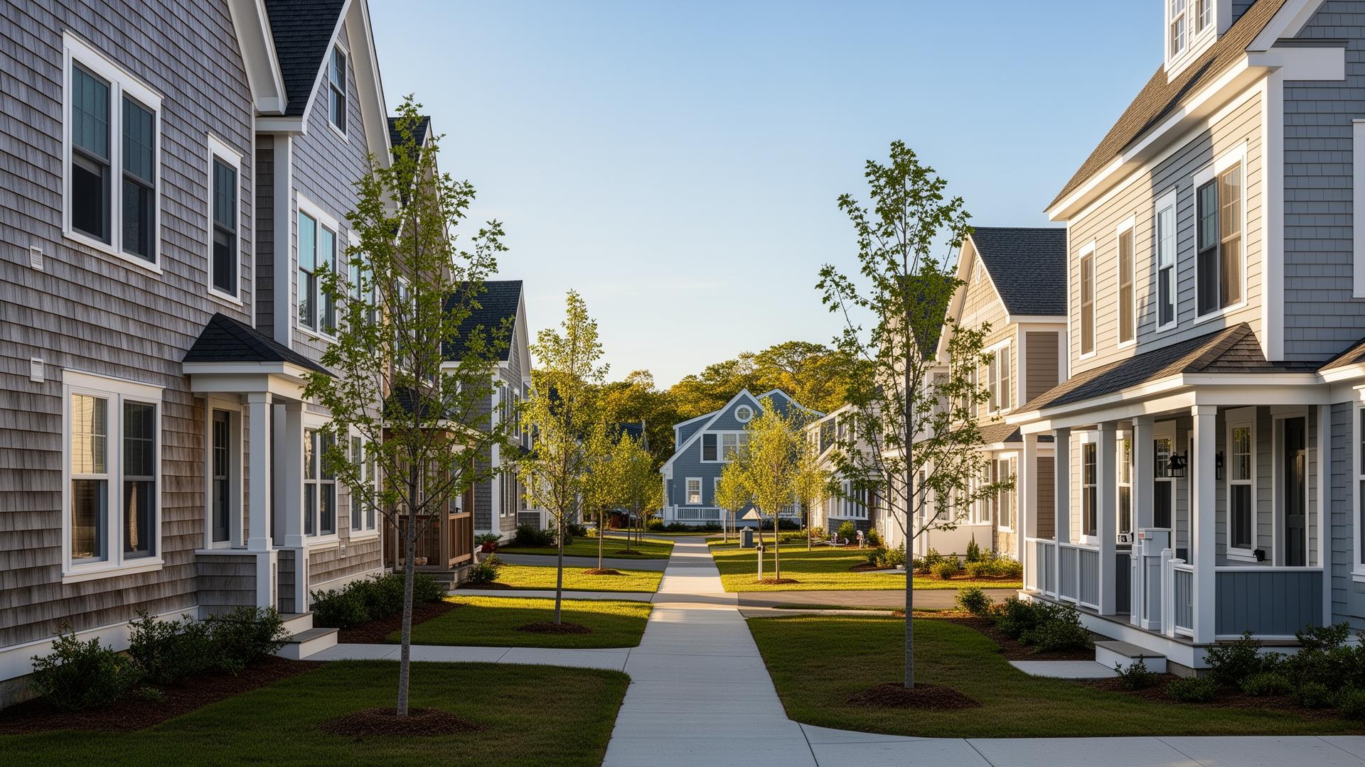 New shingle-style townhomes and single-family homes along a walkable street at The Downs in Scarborough, Maine